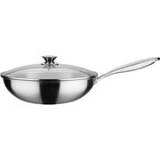 GSW Wok pro con coperchio -  32 cm - Fondo a 3 strati - Manico rivettato - Acciaio inossidabile - Tutte le fonti di calore inclusa l'induzione