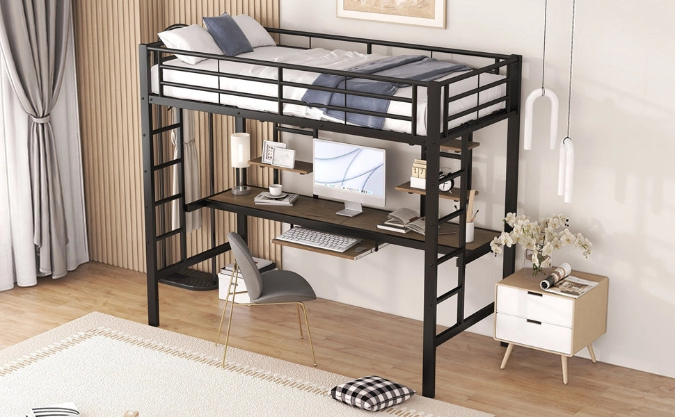 DESMIU Letto A Soppalco Singolo con Scrivania, 2 Scaffali e Scala 90 × 200 cm, Senza Materasso, Metallo Nero