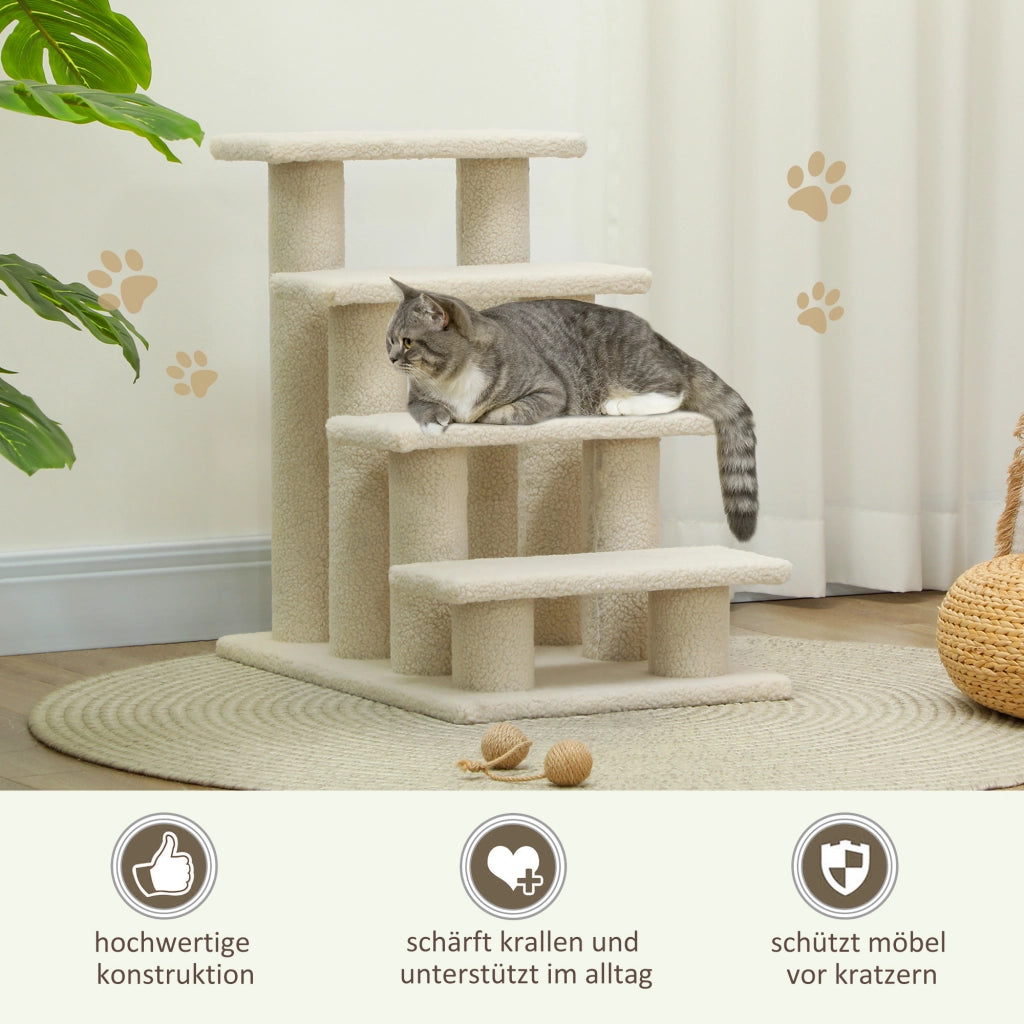 Scaffale a 4 gradini per cani e gatti in truciolare con rivestimento in peluche, bianco crema, 63,5 × 43 × 60 cm