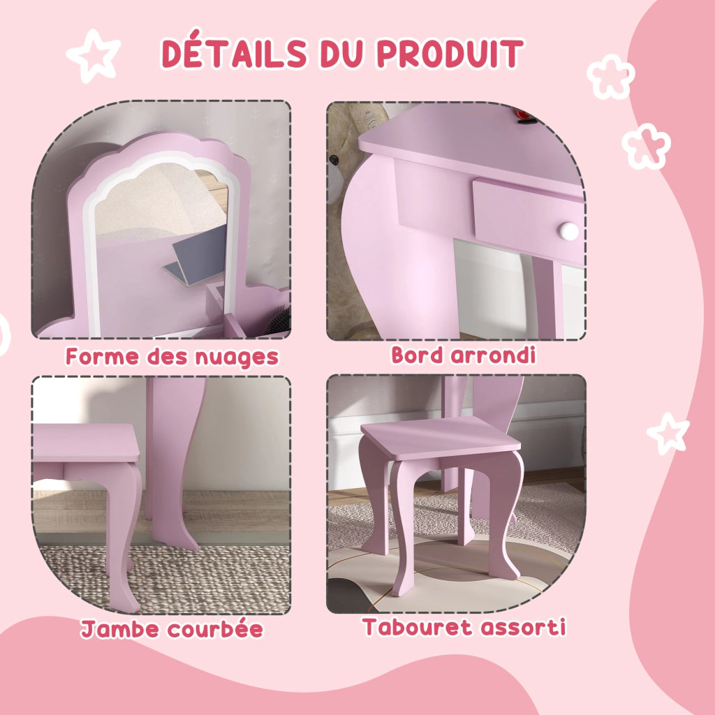 Tavolo trucco bambini con specchio e sgabello ¨C zephmum ¨C rosa 55x36x86