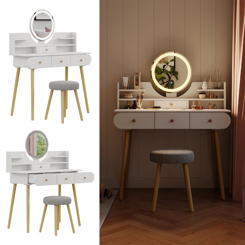 Vicco Tavolo da toilette Bianco 100 cm con specchio LED e sgabello