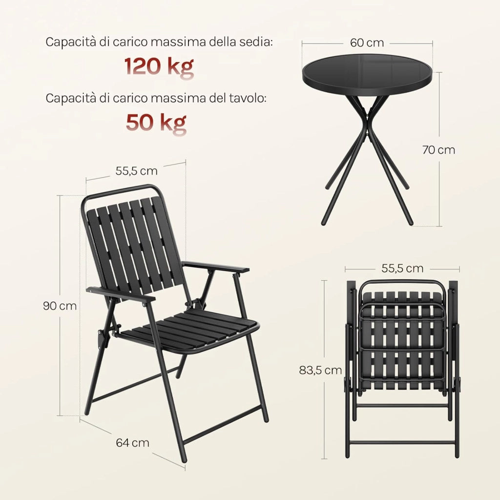 Set di Mobili da Esterno 3 Pezzi, Tavolo con 2 Sedie Pieghevoli, Struttura in Metallo, Resistente alle Intemperie, per Giardino, Terrazza e Balcone, Nero