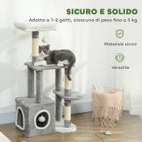 Albero Tiragraffi per Gatti con Casetta, Lettino e 2 Palline, in Legno e Peluche, 55x40x107 cm, Grigio e Bianco