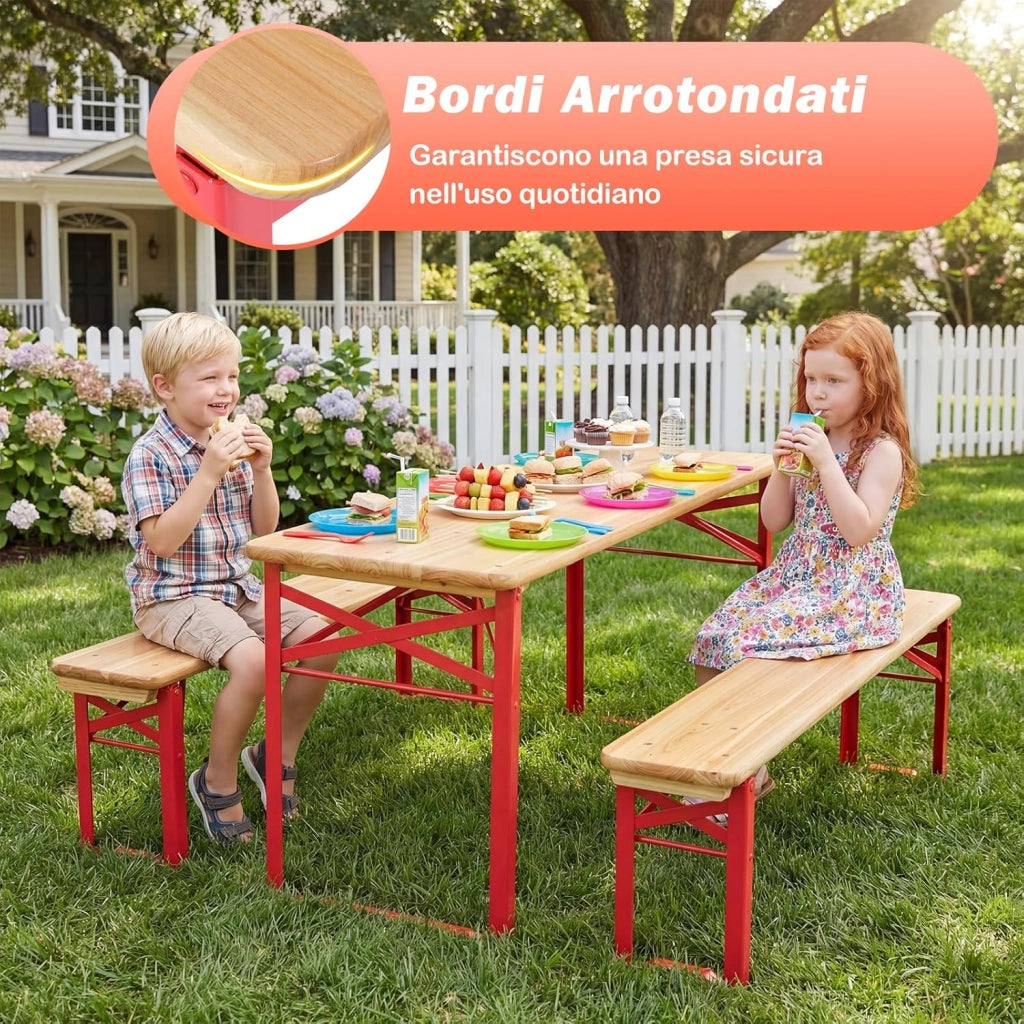 Set da Esterno 3 Pezzi per 4 Bambini, Tavolo da Picnic con 2 Panche in Legno Pieghevole, Robusta Struttura in Metallo, Facile da Riporre, Set da Giardino per Bambini 3-8 Anni per Patio