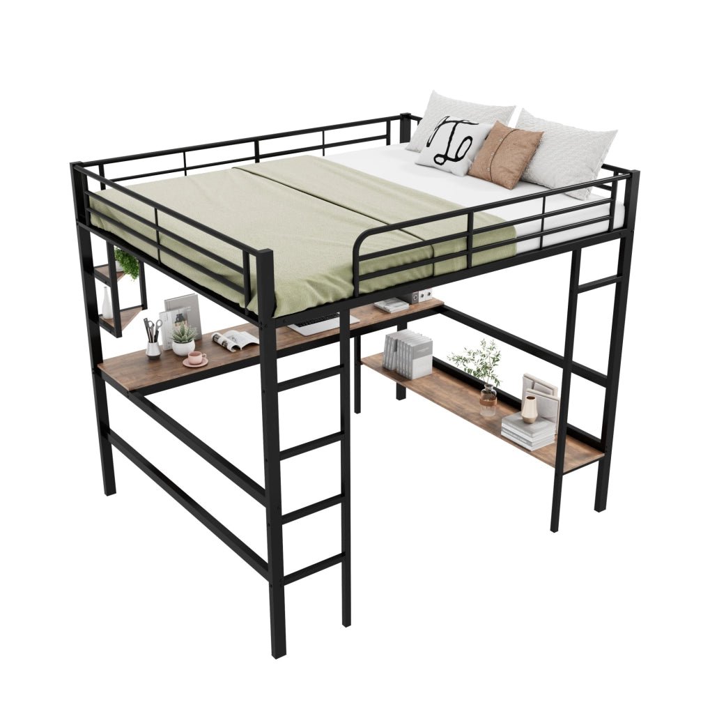 Letto a soppalco in metallo con scrivania e libreria 140x200 cm