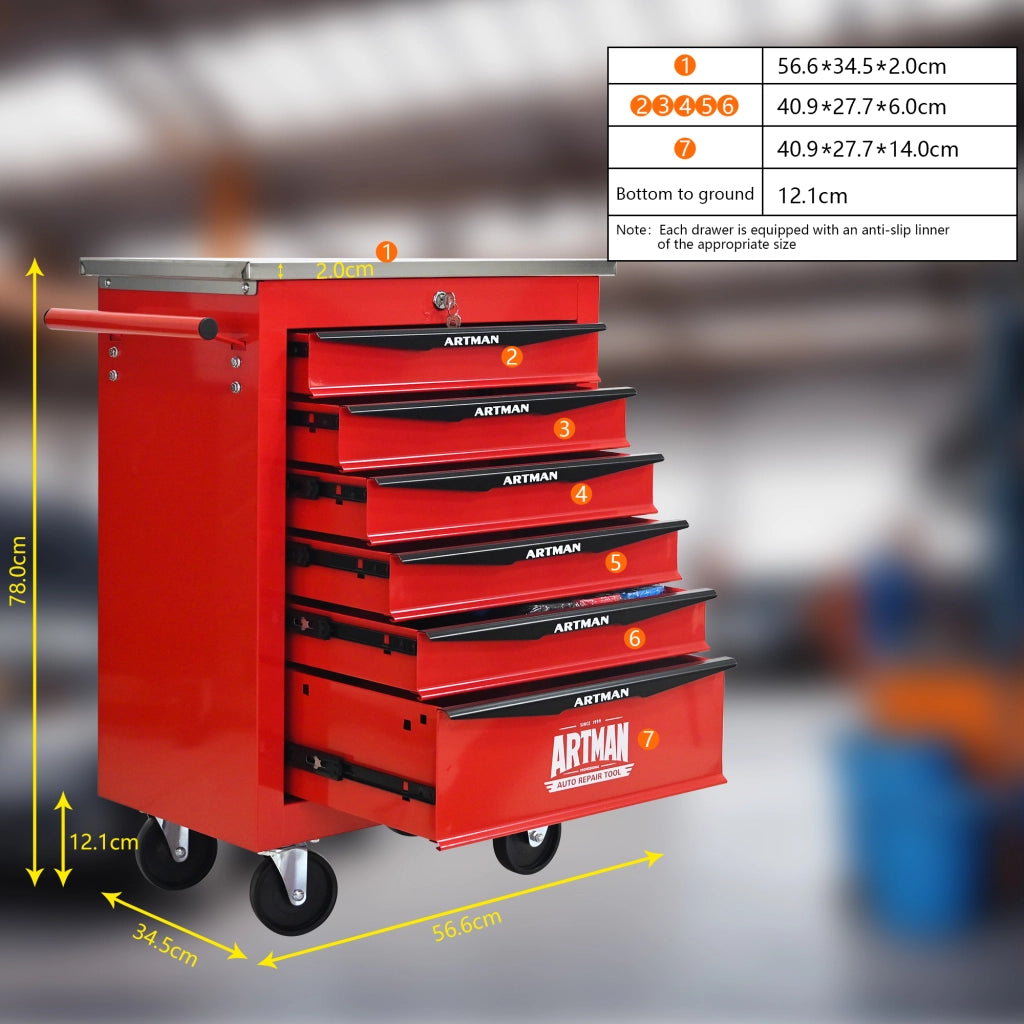 Carrello portautensili con 6 cassetti e ruote, chiudibile, in acciaio, per garage e officina, rosso nero, 62,5 × 34,5 × 78 cm