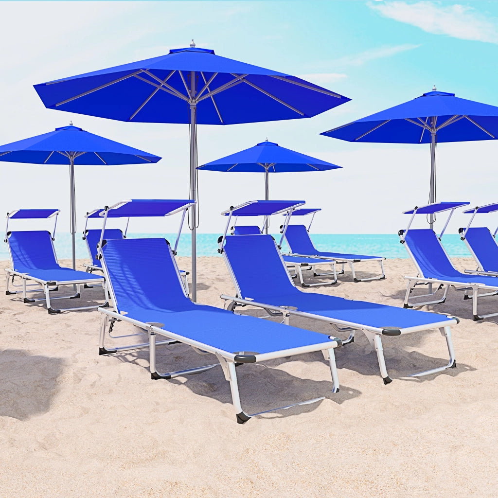 Coppia Di Lettini Pieghevole Prendisole Tettuccio Parasole Schienale Reclinabile Regolabile 6 Posizioni Struttura In Alluminio Sedia Sdraio Spiaggia Mare Giardino Piscina 187 x 59 x 29 Cm (Blue)