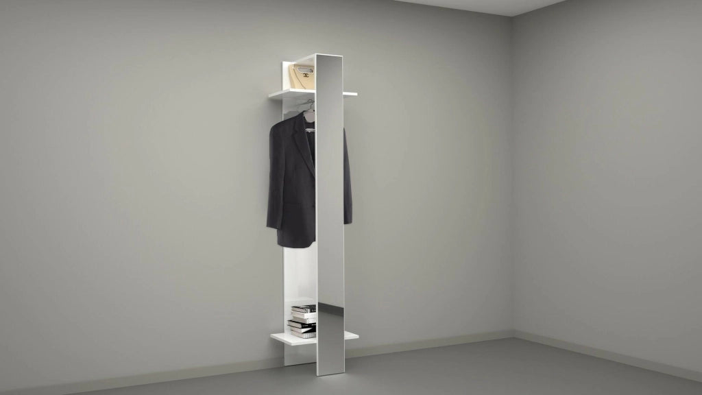Mobile da ingresso Maura, Armadietto multifunzione, Appendiabiti da parete con specchio, 50x35h190 cm, Bianco