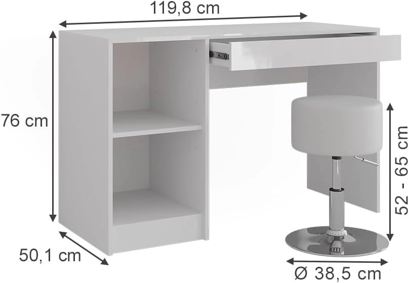 Tavolo da toeletta Sherry, Bianco/bianco lucido, 119.8 cm con sgabello, con specchio e ripiano per una conservazione organizzata
