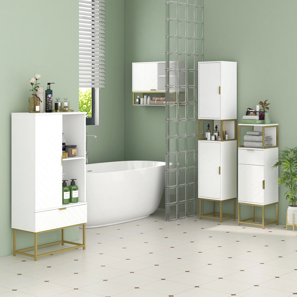 Mobile Bagno con Cassetto, Armadietto e Ripiano ¨C zephmum ¨C Legno e Metallo, Bianco, 30x30x105cm