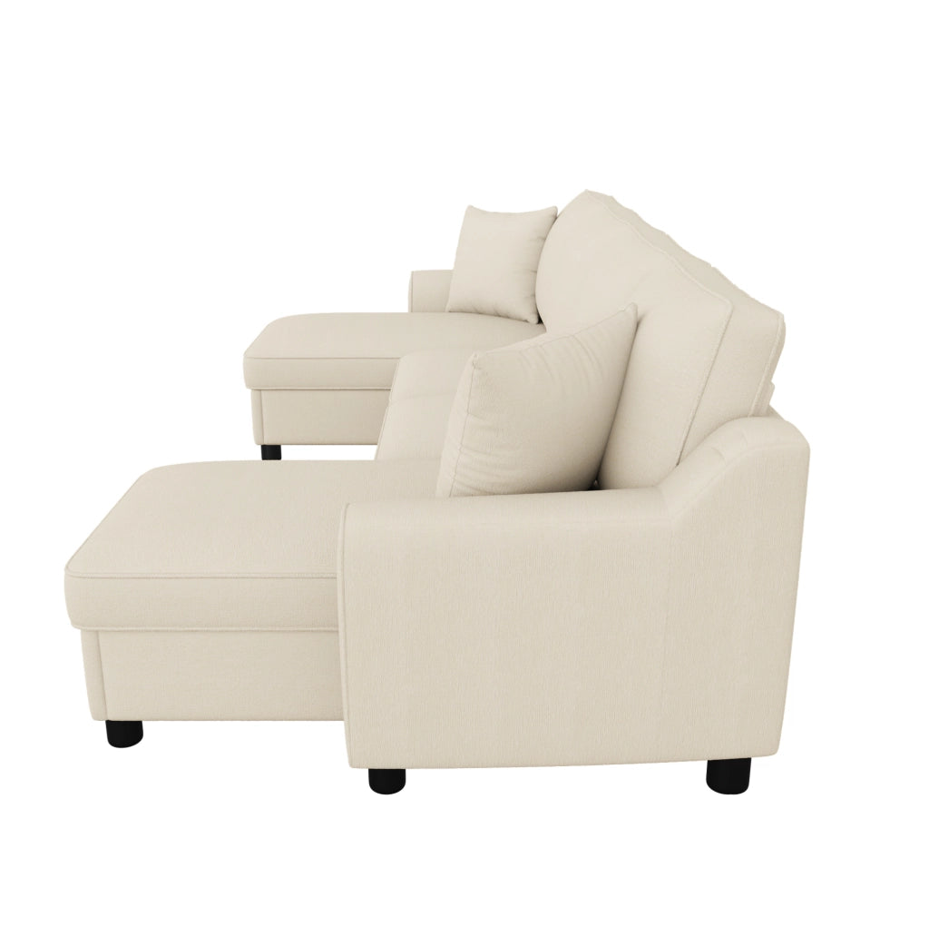 Divano a U moderno in ciniglia beige con chaise longue e vano contenitore