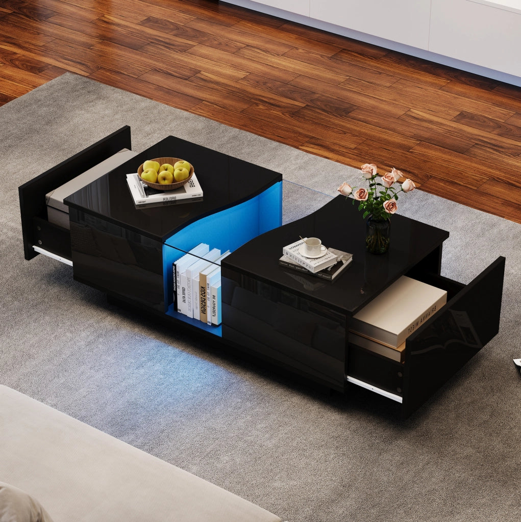 Tavolino da salotto moderno con LED; 2 cassetti; 100 x 50 x 35 cm; nero lucido in MDF e acrilico
