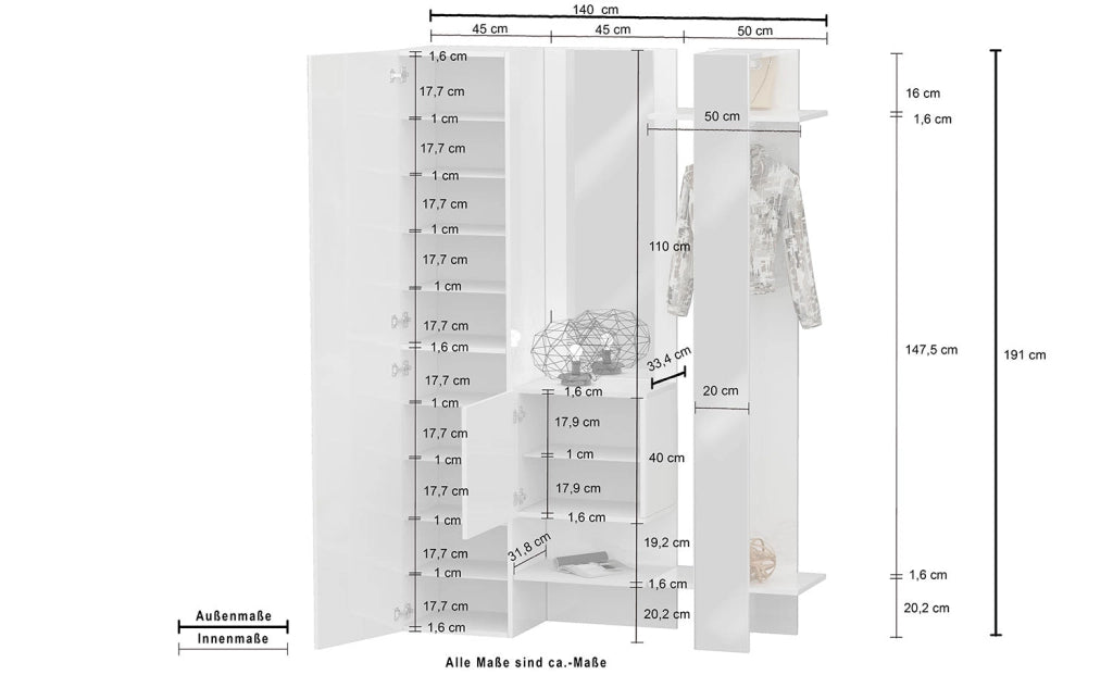 Mobile Ingresso Appendiabiti e 2 Specchi 140x35x191 cm Kompact Bianco Lucido