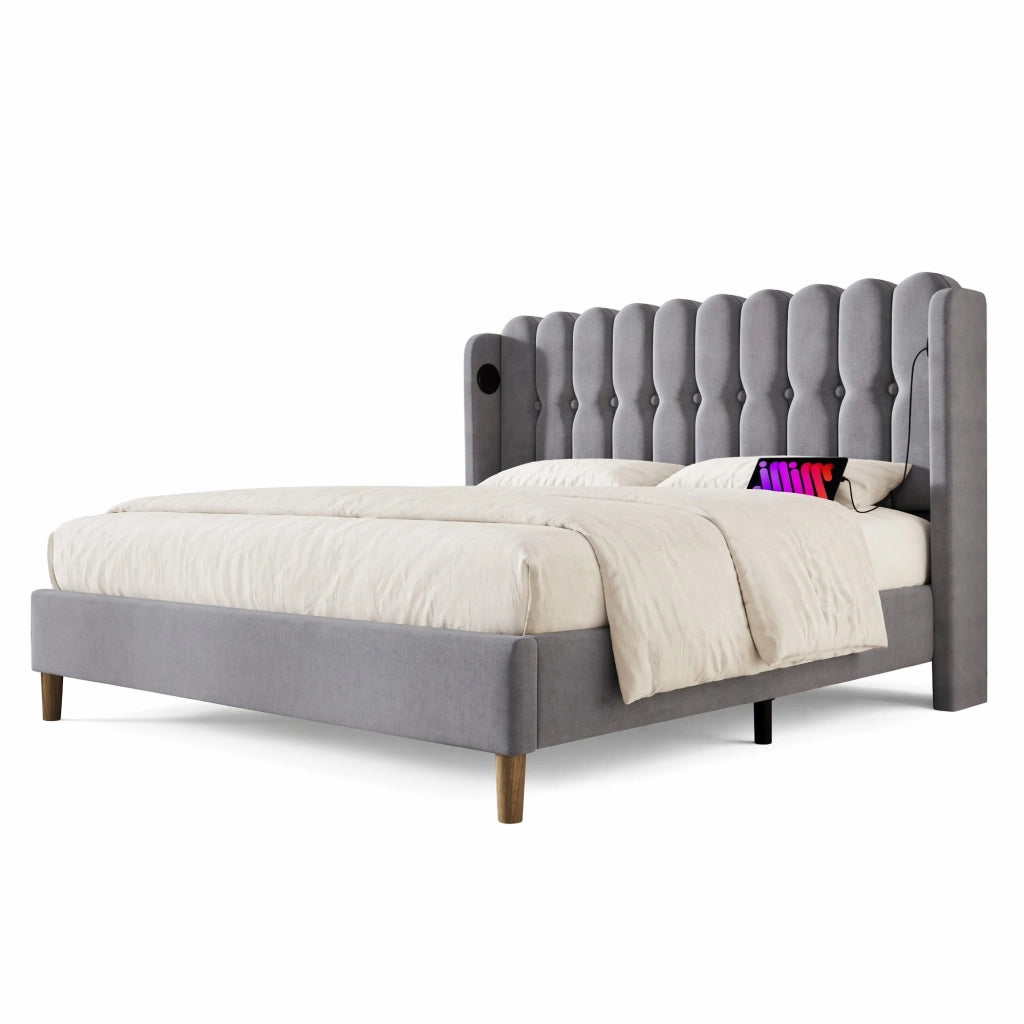 Letto matrimoniale imbottito 160x200 cm in lino grigio con testiera e porte USB/Type-C