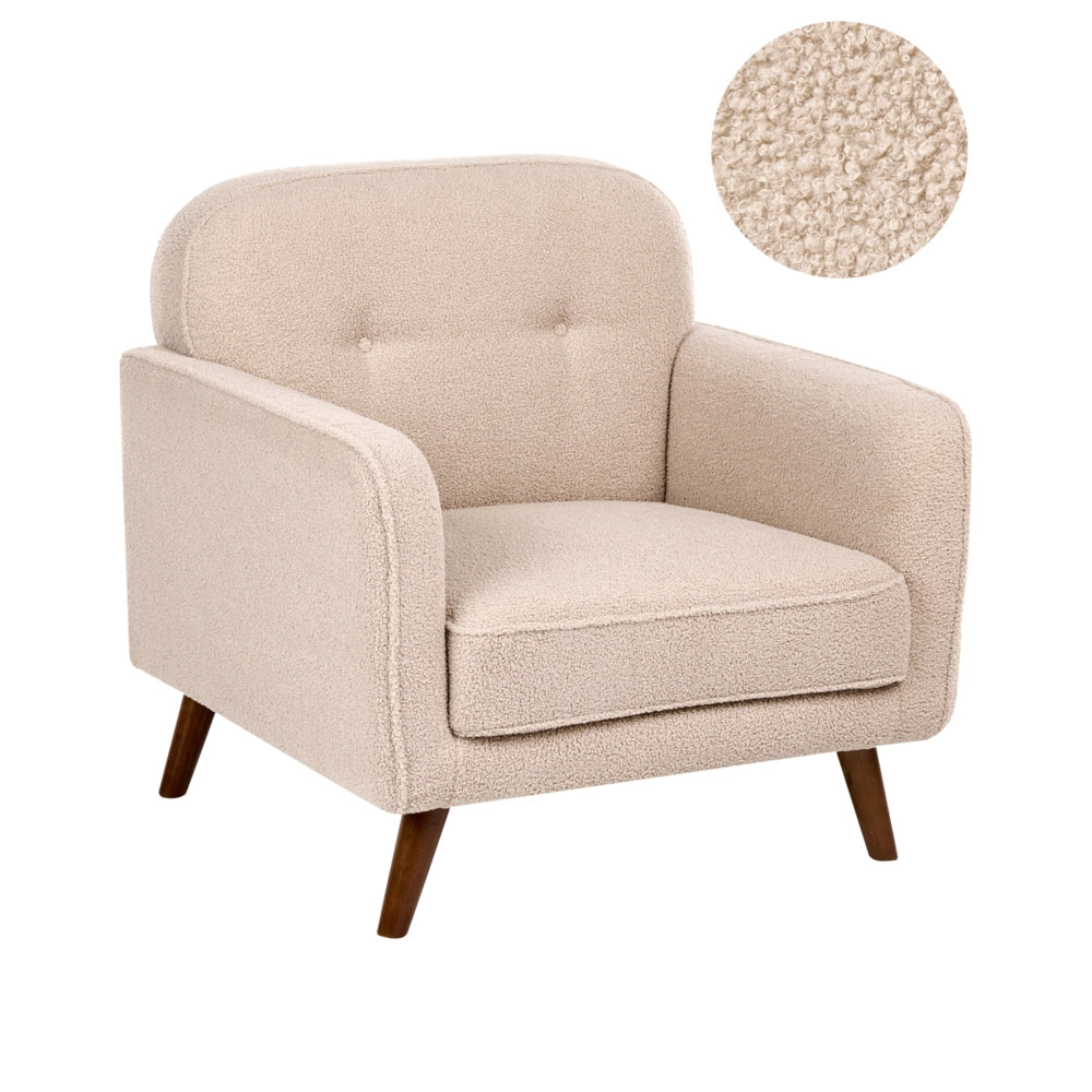 Poltrona beige in bouclé, trapuntatura a bottoni, gambe in rovere, poltrona decorativa, stile tradizionale, soggiorno