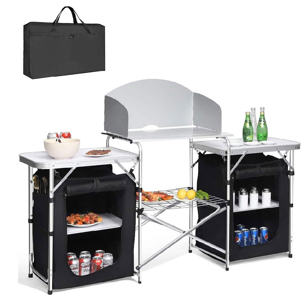Cucina Campeggio Pieghevole Alluminio con Paravento Ripiani laterali e Borsa