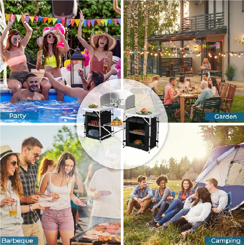 Cucina Campeggio Pieghevole Alluminio con Paravento Ripiani laterali e Borsa