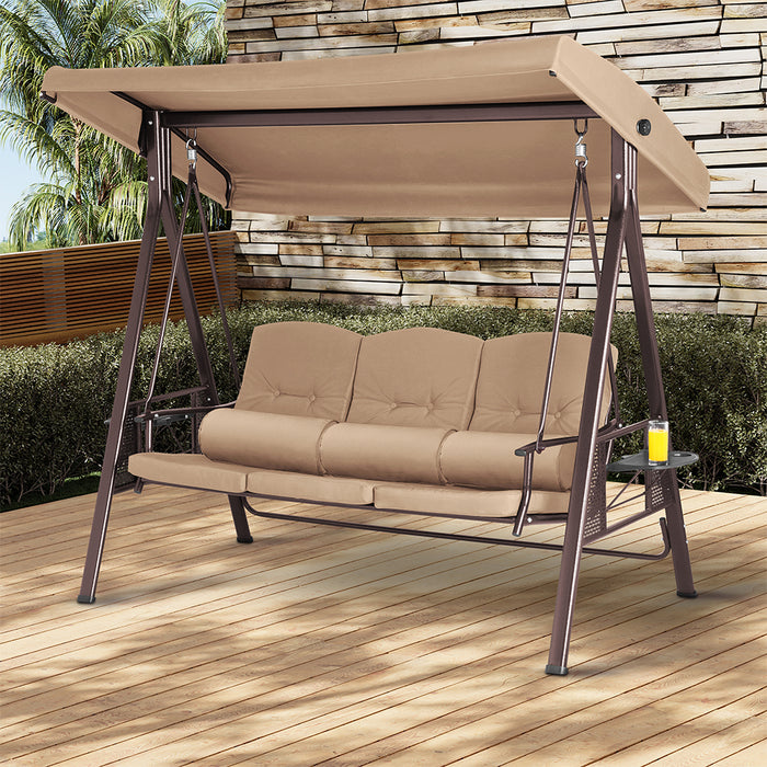 Dondolo Giardino Ibiza 3 Posti con Parasole Cuscini e Vassoi Pieghevoli Marrone