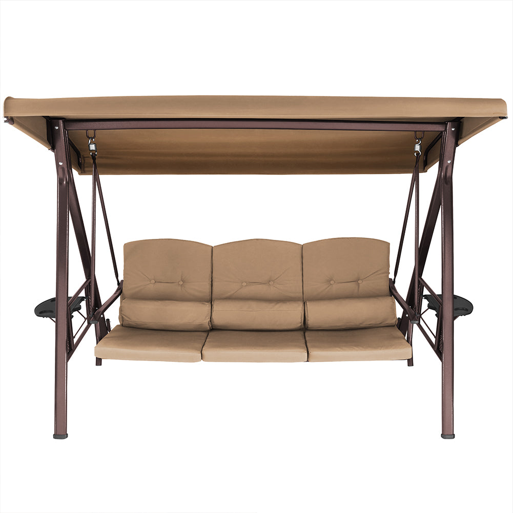 Dondolo Giardino Ibiza 3 Posti con Parasole Cuscini e Vassoi Pieghevoli Marrone