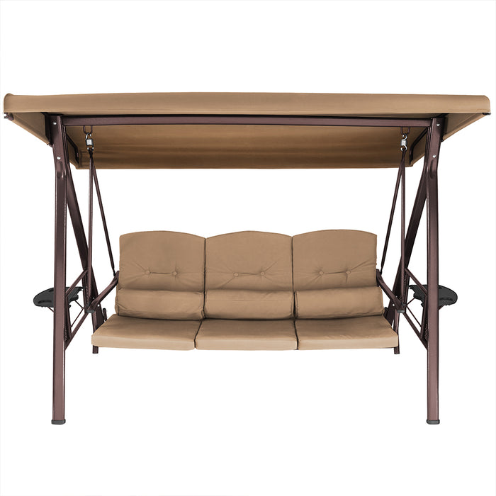 Dondolo Giardino Ibiza 3 Posti con Parasole Cuscini e Vassoi Pieghevoli Marrone