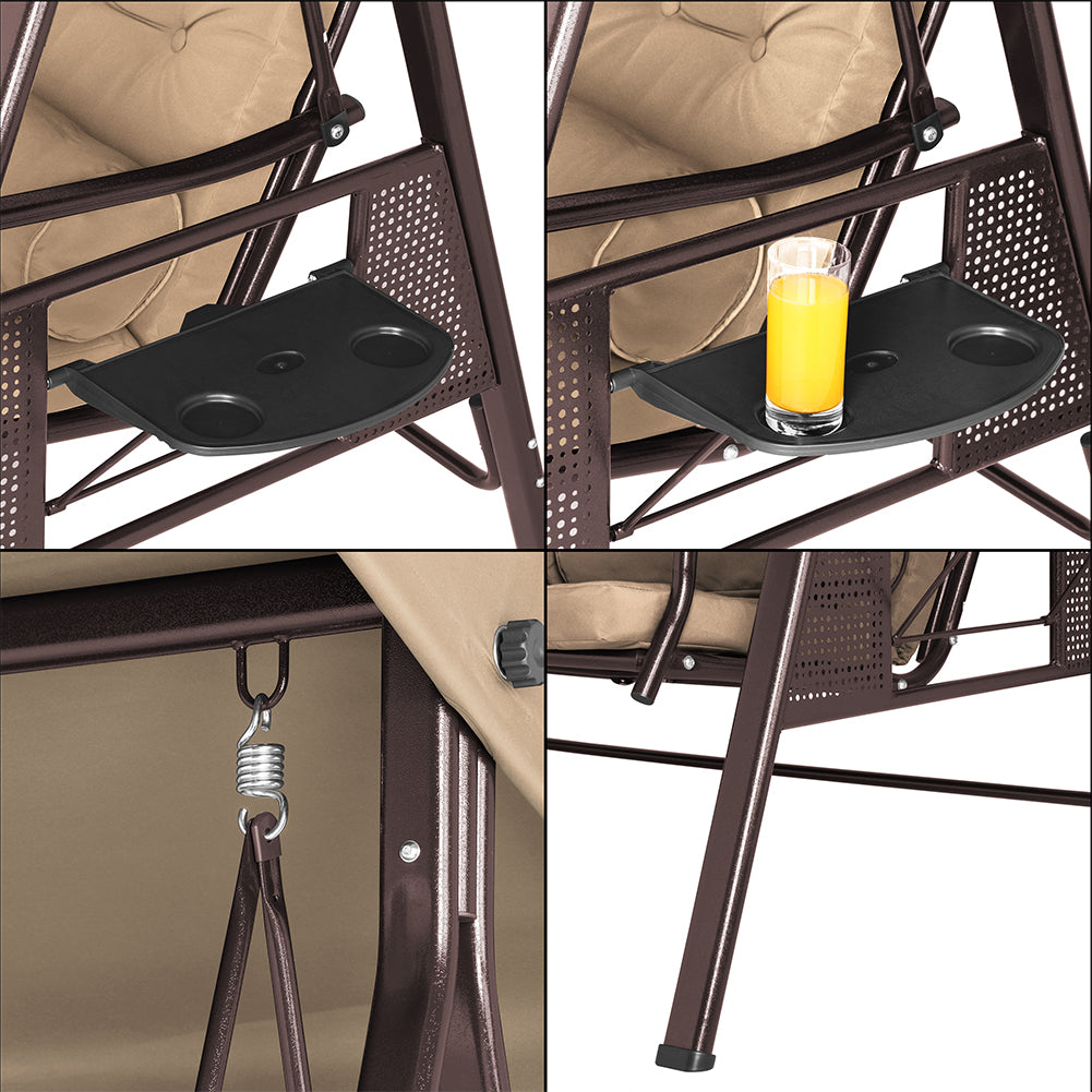 Dondolo Giardino Ibiza 3 Posti con Parasole Cuscini e Vassoi Pieghevoli Marrone