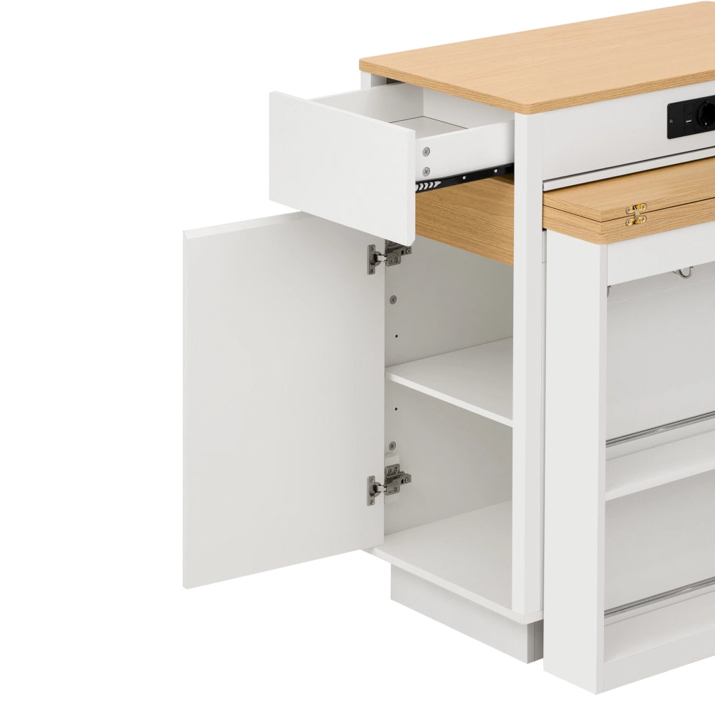 Tavolo da pranzo con piano estraibile; LED e prese USB per cucina in MDF bianco