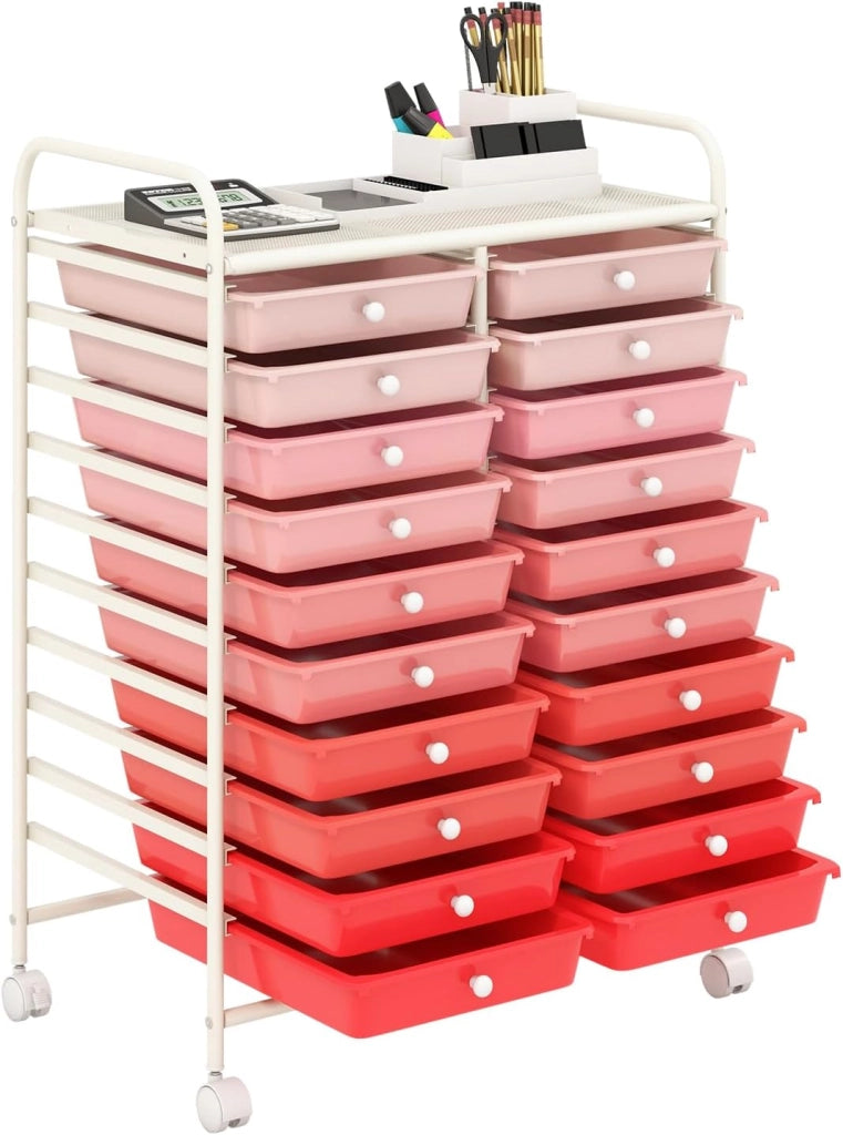 Carrello di Stoccaggio con 20 Cassetti, Carrello portaoggetti con 4 Ruote, Carrello Multiuso per Scuola Ufficio Cucina, 64 x 39 x 88 cm (Rosa)