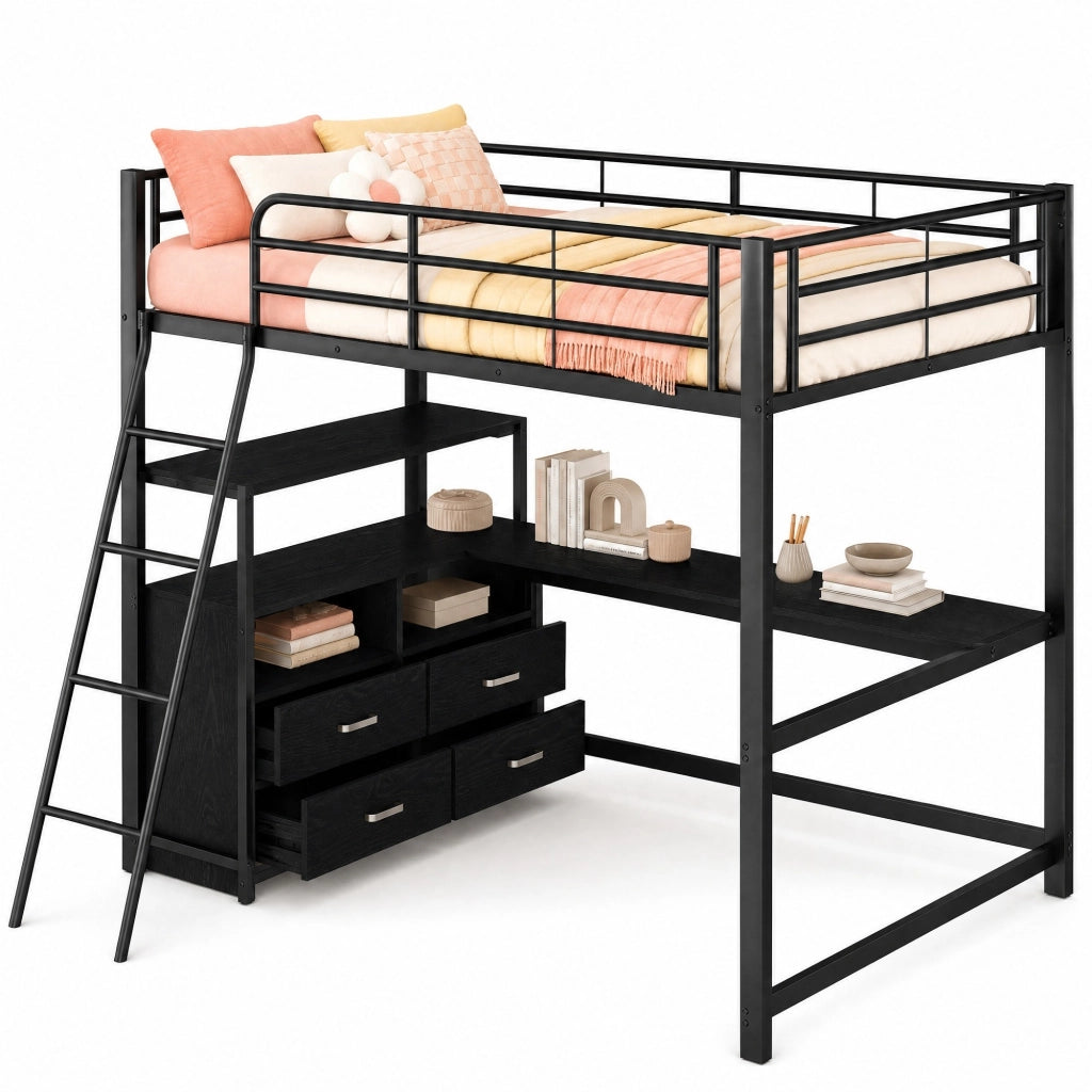 LETTO a soppalco 140x200 cm in metallo e MDF nero con scrivania a L