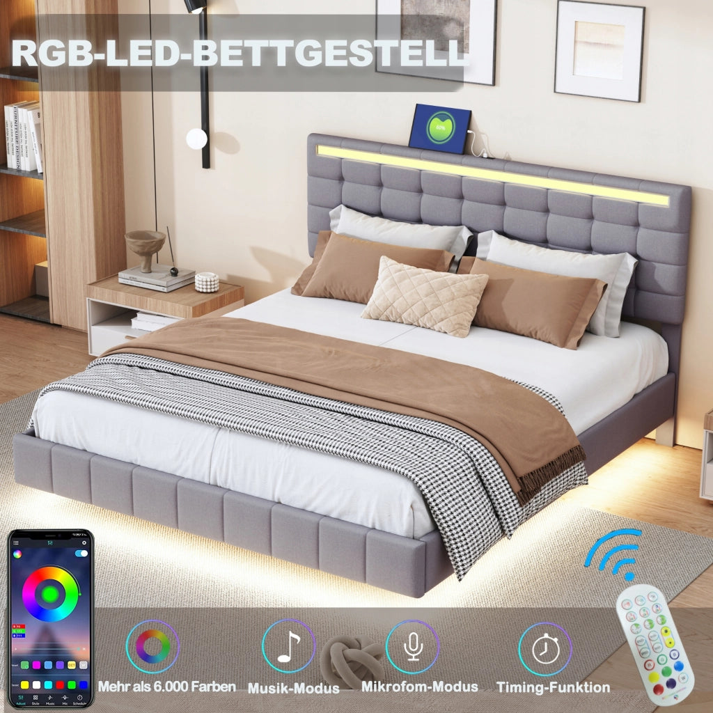 Letto imbottito 160x200 con LED - Xylo - Grigio