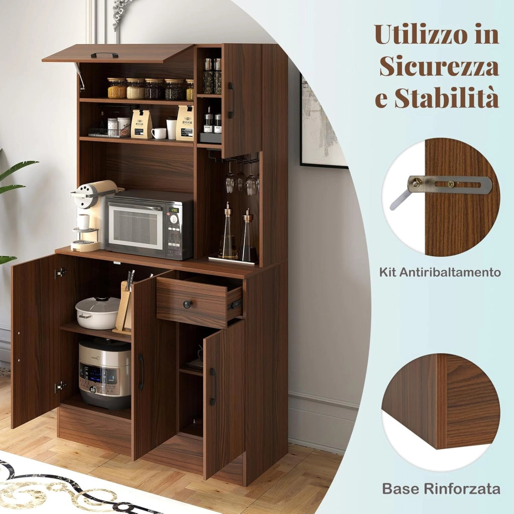 Credenza Alta da Cucina con 5 Ante e Cassetto, Armadio Dispensa da Cucina con Presa Elettrica, Mobile Cucina con Ripiani Regolabili per Sala da Pranzo e Soggiorno, 90 x 39 x 167 cm (Noce)