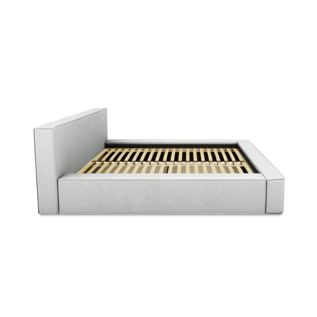 Letto contenitore VELORA – Bianco riccioluto – 180x200 cm – Tessuto effetto lana – Rete sollevabile – Contenitore integrato