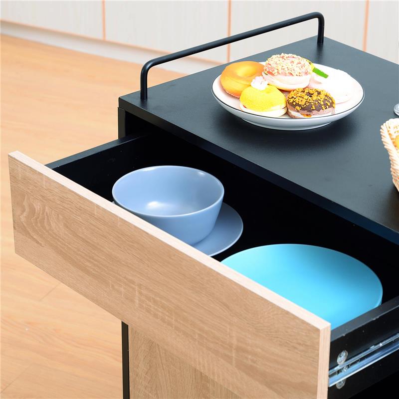MOBILETTO DA CUCINA CON CASSETTI E RUOTE 76.5X40X82 CM IN LEGNO ROVERE E NERO