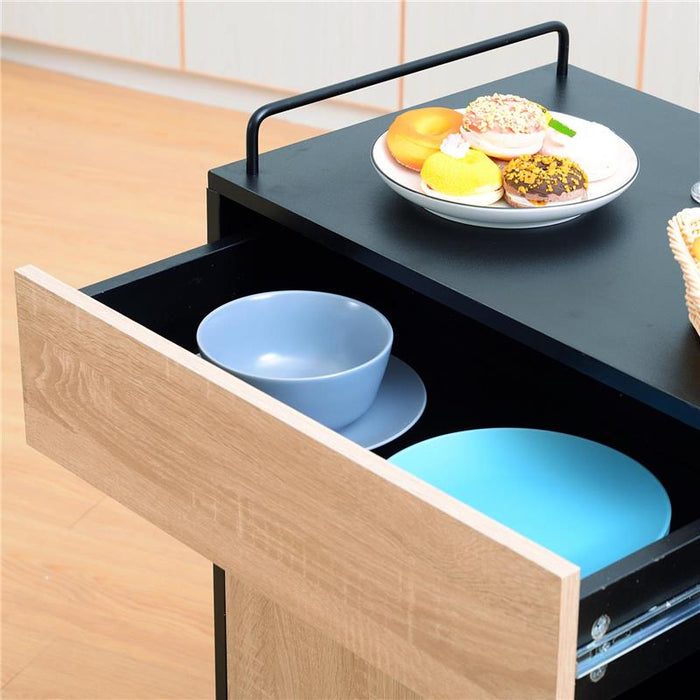 MOBILETTO DA CUCINA CON CASSETTI E RUOTE 76.5X40X82 CM IN LEGNO ROVERE E NERO