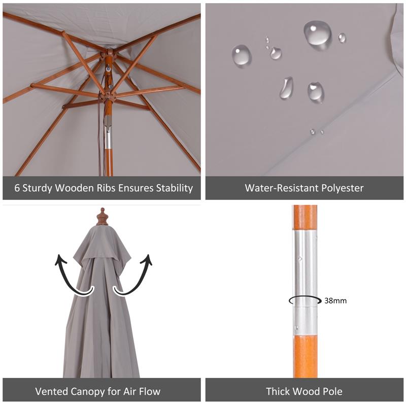 OMBRELLONE DA GIARDINO INCLINABILE 2 X 1.5 M 6 STECCHE E PALO IN LEGNO GRIGIO