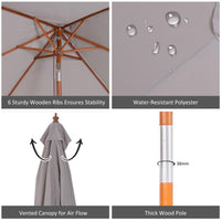 OMBRELLONE DA GIARDINO INCLINABILE 2 X 1.5 M 6 STECCHE E PALO IN LEGNO GRIGIO
