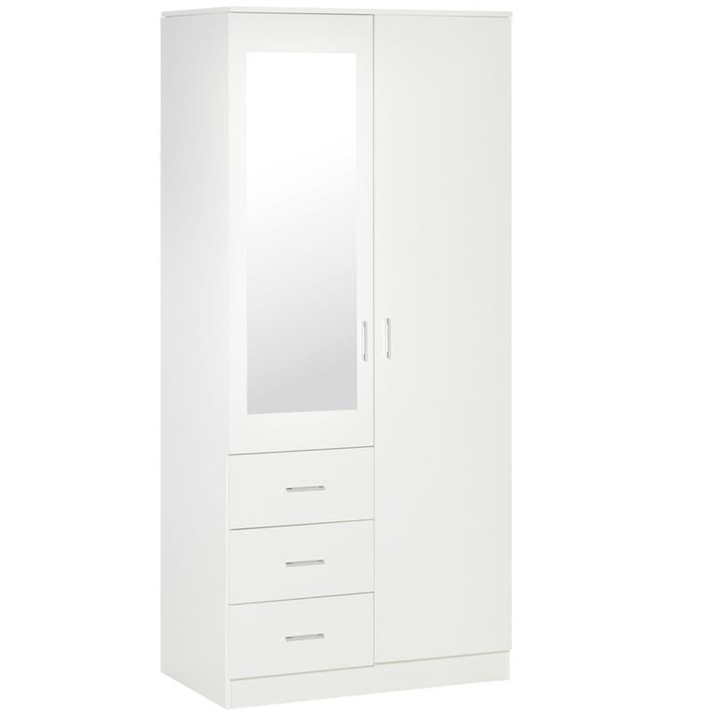 ARMADIO MODERNO GUARDAROBA 2 ANTE CON SPECCHIO E 3 CASSETTI, MENSOLE + BARRA APPENDIABITI 80X50X180CM BIANCO