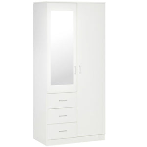 ARMADIO MODERNO GUARDAROBA 2 ANTE CON SPECCHIO E 3 CASSETTI, MENSOLE + BARRA APPENDIABITI 80X50X180CM BIANCO
