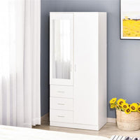 ARMADIO MODERNO GUARDAROBA 2 ANTE CON SPECCHIO E 3 CASSETTI, MENSOLE + BARRA APPENDIABITI 80X50X180CM BIANCO