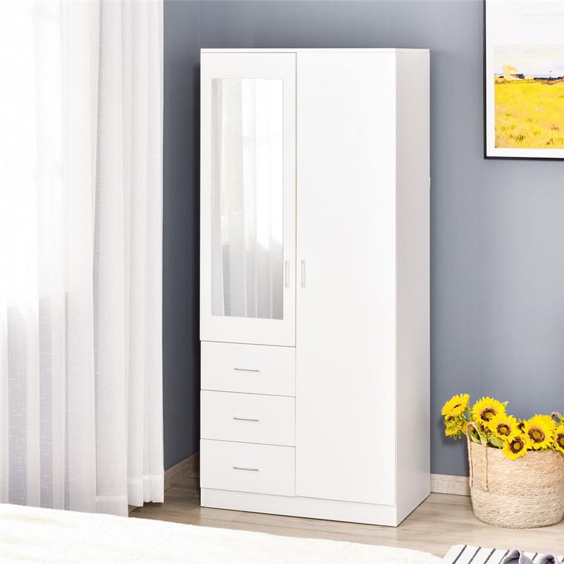 ARMADIO MODERNO GUARDAROBA 2 ANTE CON SPECCHIO E 3 CASSETTI, MENSOLE + BARRA APPENDIABITI 80X50X180CM BIANCO