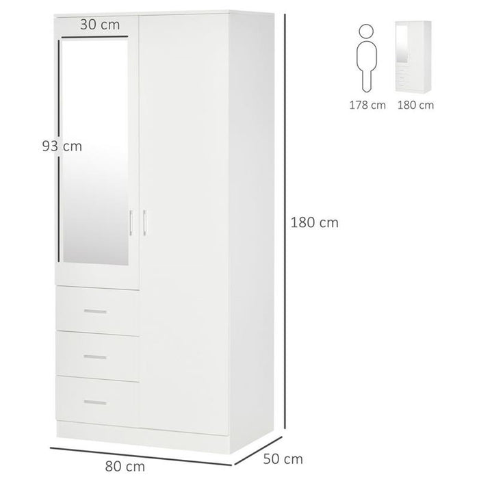 ARMADIO MODERNO GUARDAROBA 2 ANTE CON SPECCHIO E 3 CASSETTI, MENSOLE + BARRA APPENDIABITI 80X50X180CM BIANCO