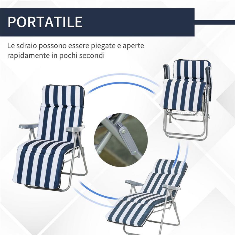 SEDIA SDRAIO 2 PEZZI PIEGHEVOLE E RECLINABILE, LETTINO PRENDISOLE CON CUSCINO IMBOTTITO, BLU E BIANCO