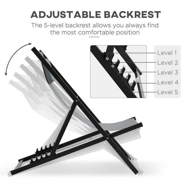 SET 2 SEDIE POLTRONA SDRAIO DA ESTERNI, PIEGHEVOLI E RECLINABILI, IN ALLUMINIO, GRIGIO, 96.5 X 58 X 91.5CM