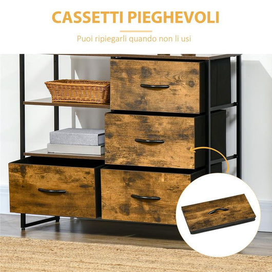 CASSETTIERA IN STILE INDUSTRIAL CON 4 CASSETTI IN TESSUTO 84X30X71.5 CM MARRONE