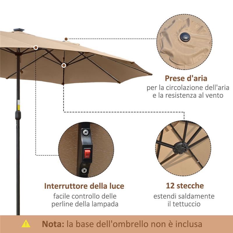 OMBRELLONE DA GIARDINO DOPPIO 4.5M CON 48 LUCI LED E MANOVELLA, CACHI