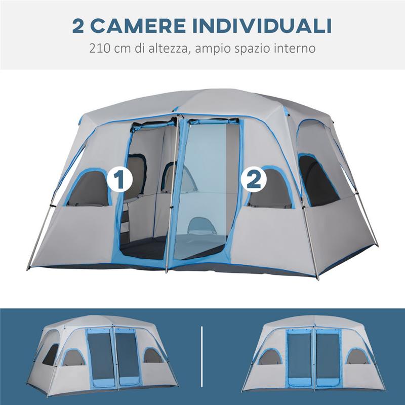 TENDA DA CAMPEGGIO 4-8 POSTI CON 2 STANZE E FINESTRE ANTI-UV E IMPERMEABILE, GRIGIA