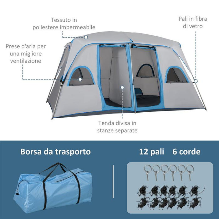 TENDA DA CAMPEGGIO 4-8 POSTI CON 2 STANZE E FINESTRE ANTI-UV E IMPERMEABILE, GRIGIA