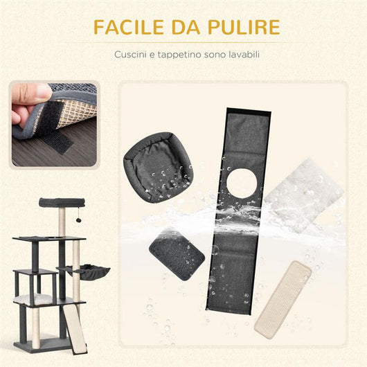 TIRAGRAFFI PER GATTI MULTILIVELLO, PALI IN SISAL, CASETTA, LETTINO E CUSCINI, 60X40X146CM