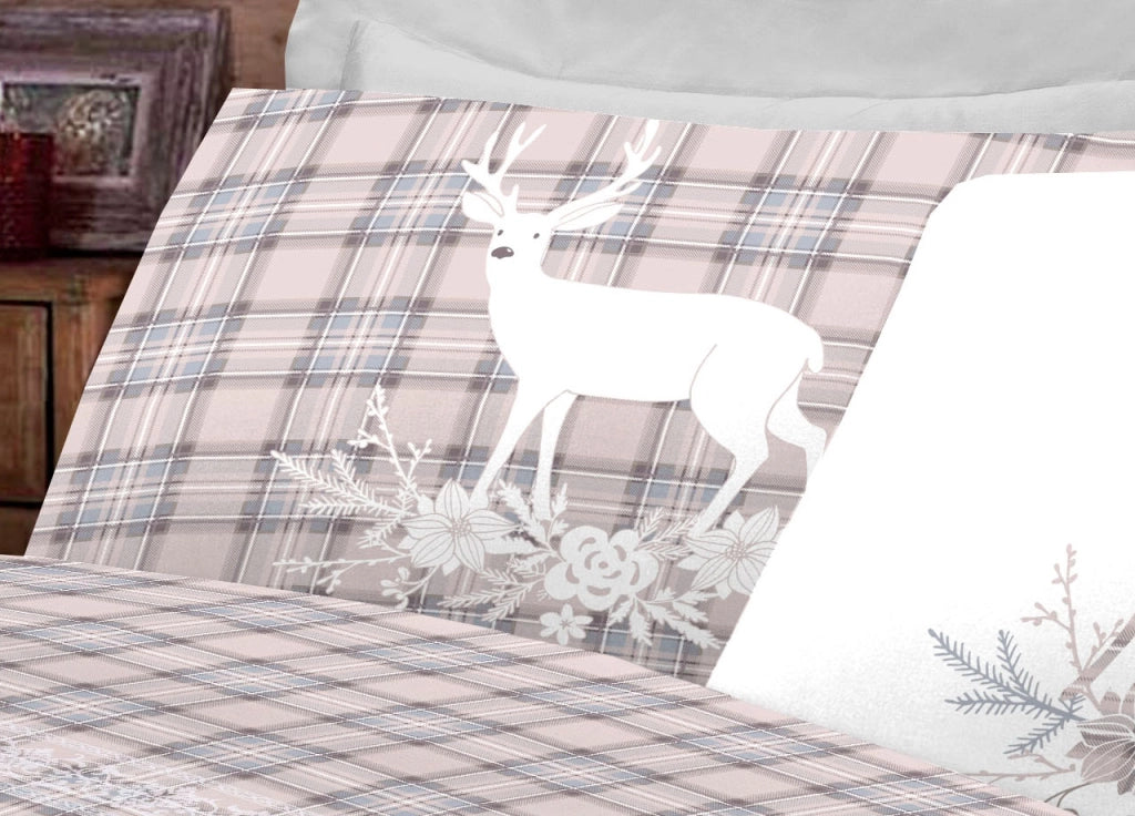 Completo Lenzuola Flanella Pensieri Delicati 100% Cotone Disegno Cervo Tartan - Matrimoniale - Beige