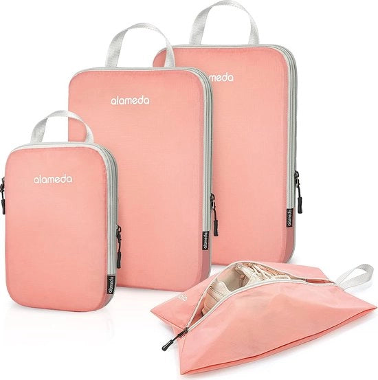 Pacchetto di compressione per organizzare accessori di viaggio con sacchetto per scarpe e sacchetto per bagno (rosa)