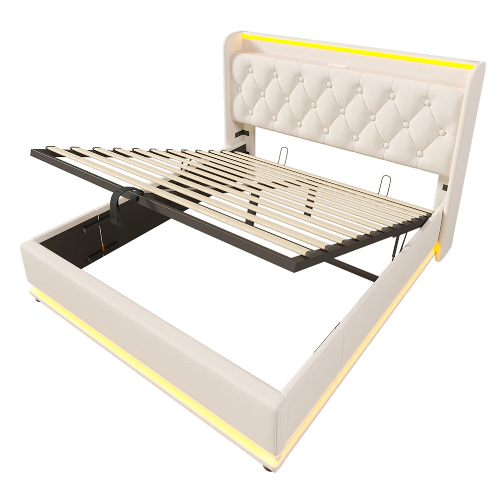 Letto a cassapanca per adulti - Xylo - 140x200 cm - Beige - USB Type-C, controllo app